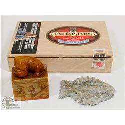 CIGAR BOX WITH INUIT SOAPSTONE & CHINESE SOAPSTONE