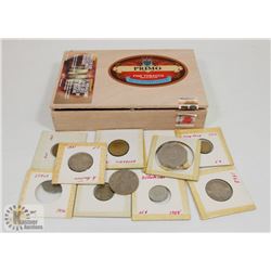CIGAR BOX WITH TEN OLD WORLD COINS.