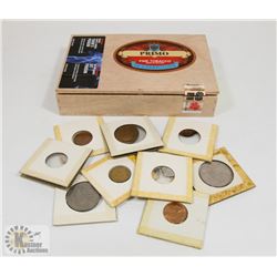CIGAR BOX WITH TEN OLD WORLD COINS.
