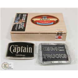 CIGAR BOX WITH GMC & CAPTAIN MORGAN BELT BUCKLE.