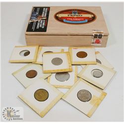 CIGAR BOX WITH TEN OLD WORLD COINS.