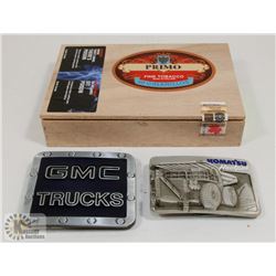 CIGAR BOX WITH GMC & KOMATSU BELT BUCKLES.