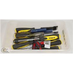 SMALL TOTE OF VARIOUS CHISELS.