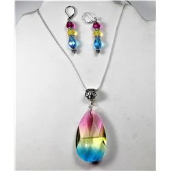 15)  TRI COLORED CRYSTAL PENDANT ON 18"