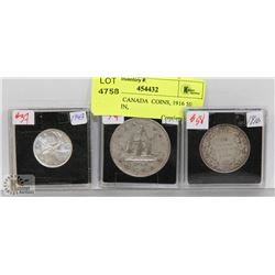 LOT OF 3 CANADA  COINS, 1916 50 CENT COIN,