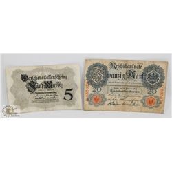 1914 GERMAN 20 MARK & 1914 GERMAN 5 MARK BANK