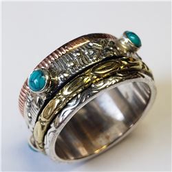 15) MULTI-TONED STERLING SILVER TURQUOISE RING