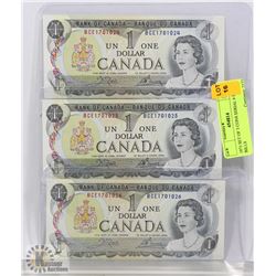 1973 SET OF 3 CONSECUTIVE SERIAL # $1 BILLS