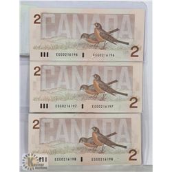 LOT OF 3 CANADIAN 1986 UNC CONSECUTIVE $2 ROBIN