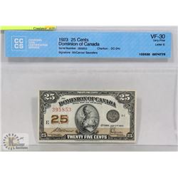 CERTIFIED VF30 1923 DOMINION OF CANADA 25 CENT