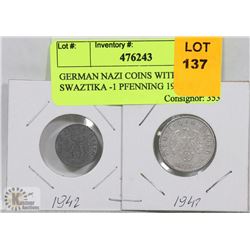GERMAN NAZI COINS WITH SWAZTIKA -1 PFENNING 1942 &