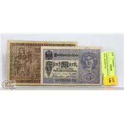 2 GERMAN BANK NOTES 20 MARKS 1918, 5 MARKS 1917.