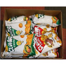 LARGE BOX OF ASSORTED CLOVER CHIPS, ON CHOICE