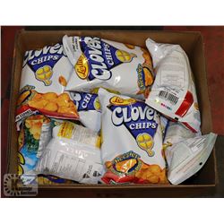LARGE BOX OF ASSORTED CLOVER CHIPS, ON CHOICE