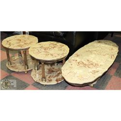 FAUX STONE COFFEE TABLE WITH TWO END TABLES.