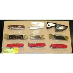 9 ASSORTED FOLDING POCKET KNIVES AND SWISS ARMY