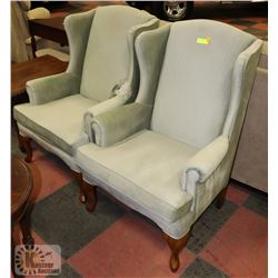 2 GREEN WING BACK CHAIRS.