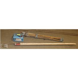 SURVEYORS TRANSIT, TRIPOD AND MEASURING STICK
