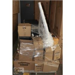 PALLET WITH POT LIGHTS, PRINTER, BOX FAN AND MORE