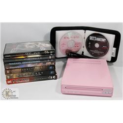 PINK DVD PLAYER WITH 30 PLUS DVD'S INCLUDING