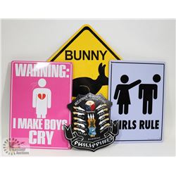 THREE METAL SIGNS  AND WEAPONS OF MOROLAND