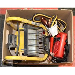 BOX OF BOOSTER CABLES, WORKLIGHT & EXTENSION CORD