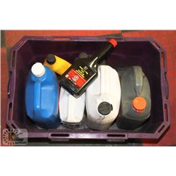 PURPLE BIN WITH 4 JUGS OF AUTOMOTIVE