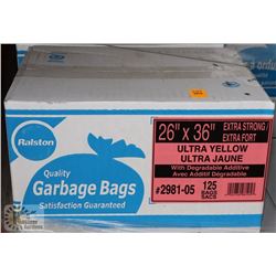 CASE WITH 125- 26"X36" YELLOW GARBAGE BAGS.