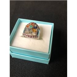 ROUND CUT TOP RICH GREEN CIRCLE BOUQUET RING (925 FINE SILVER) SIZE 6.5