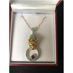 ROUND CUT TOP RICH GREEN TIGER CIRCLE PENDANT W/ TRI-COLOR CHAIN (925 FINE SILVER)