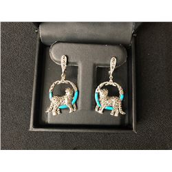 FANCY CABOCHON TOP RICH BLUE TURQUOISE & MARCASITE TIGER EARRINGS (925 STERLING SILVER)