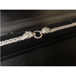 ROUND CUT TOP RICH GREEN EMERALD RUBY MARCASITE TIGER BRACELET (SIZE 7.5) 925 STERLING SILVER