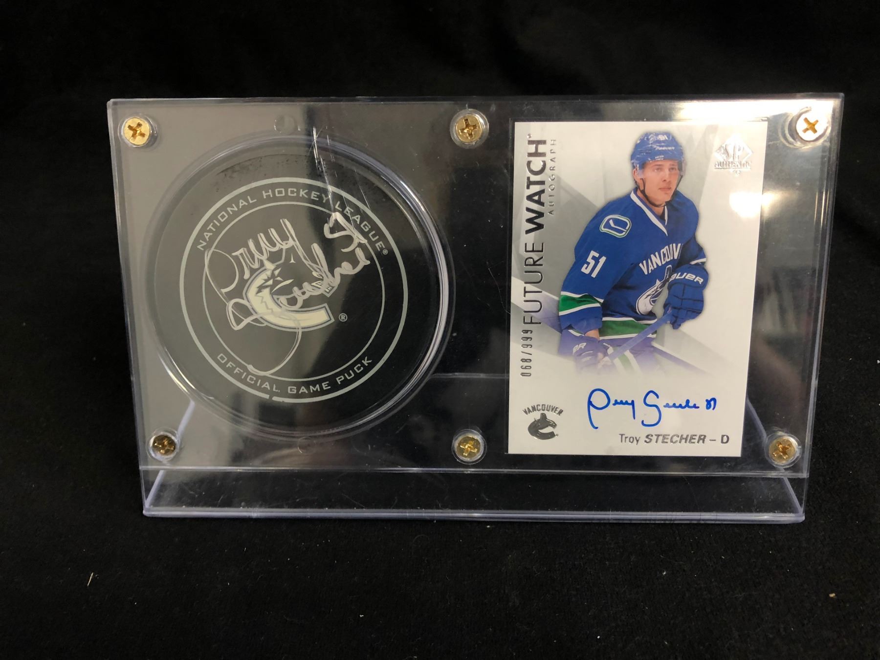 TROY STECHER SIGNED PUCK & CARD DISPLAY