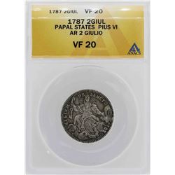 1787 Papal States Pius VI 2 Giulio Coin ANACS VF20