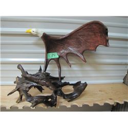 Moose Horn Carved Eagle on Wood Base