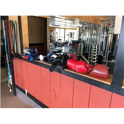 LOT OF GLOVES, ANKLE WEIGHTS, LIGHT DUMBBELLS AND BANDS