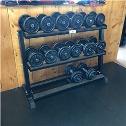 DUMBBELL RACK WITH DUMBBELLS, 20-55 LB WEIGHTS