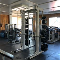 SMITH BENCH PRESS/SQUAT MACHINE, COMES WITH PLATES