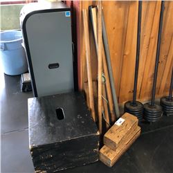 LOT OF BLOCKS, BOX, AND POLES