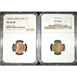 2 NGC LINCOLN CENTS:  1911-S VF-25 BN &