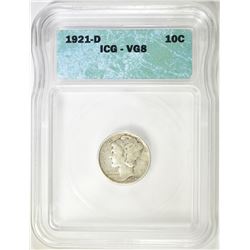 1921-D MERCURY DIME  ICG VG-8