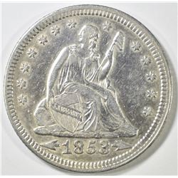 1853 ARROWS & RAYS SEATED LIBERTY QUARTER  AU+