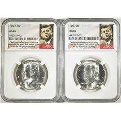 1964 & 64-D KENNEDY HALVES, NGC MS-65