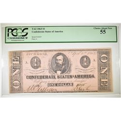 1863 $1 CSA T-62 PCGS 55  SCARCE ISSUE NOTE