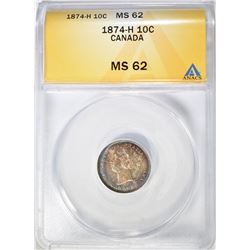 1874-H SILVER 10 CENTS CANADA  ANACS MS-62