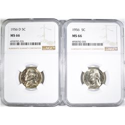 1956 & 56-D JEFFERSON NICKELS, NGC MS-66