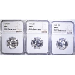 (3) 1964 NGC MS-66 QUARTERS