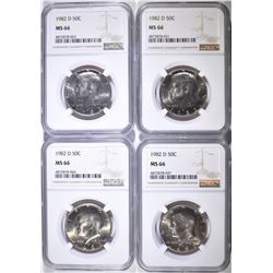 (4) 1982 D KENNEDY HALF DOLLARS NGC MS-66