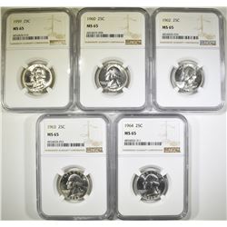 5 WASHINGTON QUARTERS ALL NGC MS-65