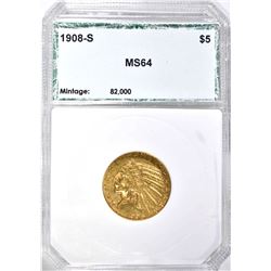 1908-S $5 INDIAN GOLD PCI GEM BU